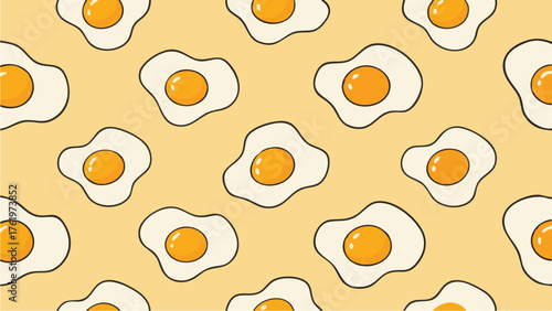 Seamless pattern featuring cheerful fried eggs on a yellow background providing a fun breakfast vibe