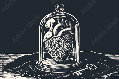 A mechanical clockwork heart is protected under a glass dome, with a key nearby. Vintage vector illustration in a classic engraving or woodcut style.