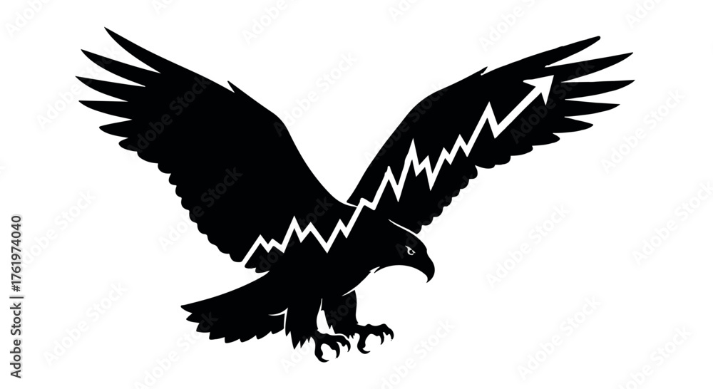 Obraz premium Soaring eagle silhouette with upward trending stock graph on wings symbolizing growth and success