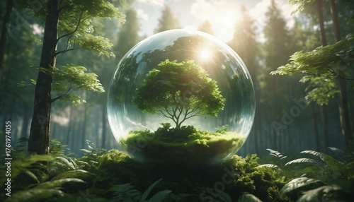 Forêt renaissante enfermée dans une bulle lumineuse flottant dans le ciel, symbole d’espoir écologique et de durabilité
