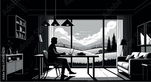 Silhouette of a person working on a laptop in a modern room with a stunning panoramic view of rolling hills and clouds.