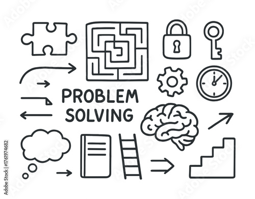 Problem solving elements: brain, puzzle, gear, maze, clock, lock, key, arrow