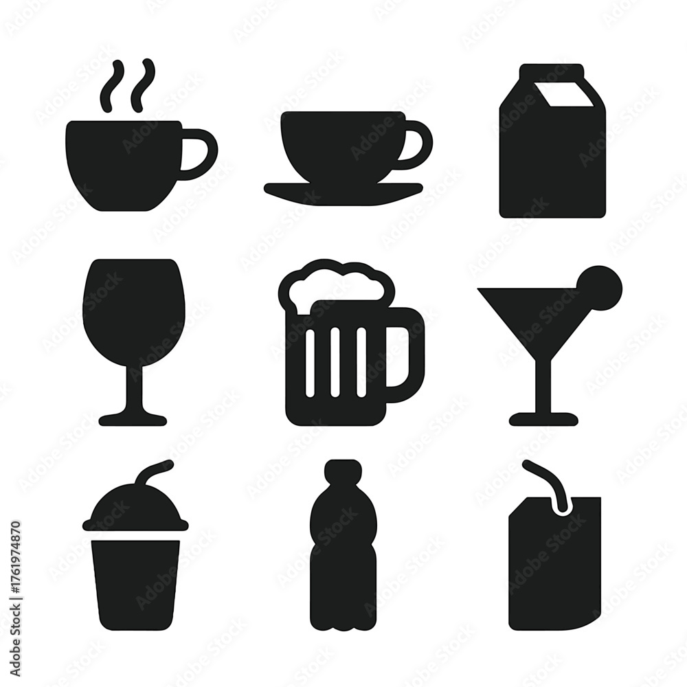 Obraz premium Silhouette icons of various drinkware in neat grid layout