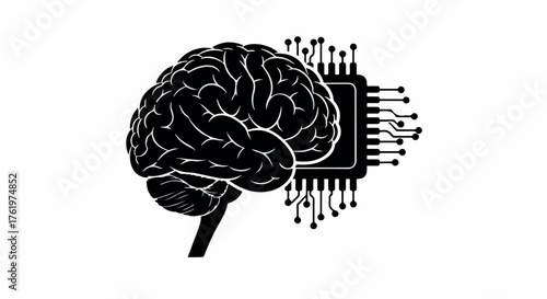 Artificial intelligence concept, human brain merged with a computer chip