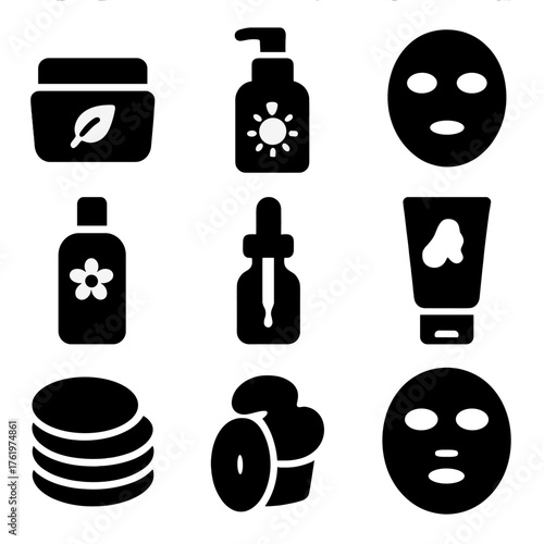 Skincare icon set: cream, mask, oil, lotion, and more on dark background