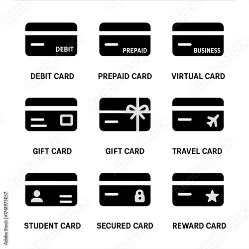 Various types of cards: debit, prepaid, business, virtual, gift, travel, student, secured