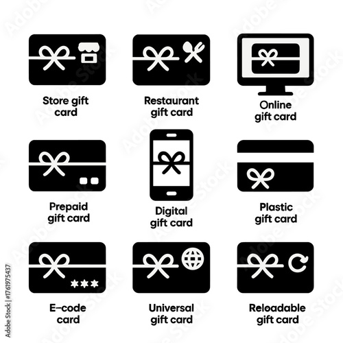 Variety of gift cards: store, restaurant, online, and more icons
