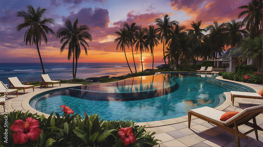 Fototapeta premium Luxury resort swimming pool overlooking the ocean at sunset with palm trees