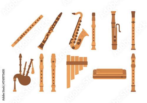 Collection of traditional and modern wind instruments in various styles and forms