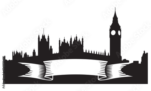 Black silhouette of London skyline with Houses of Parliament and Big Ben, featuring a blank scroll banner in the foreground, vector illustration.