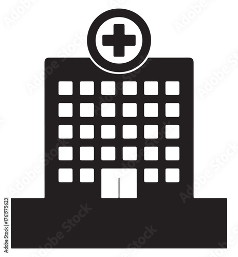 Black silhouette icon of a hospital building with a medical cross symbol on top.