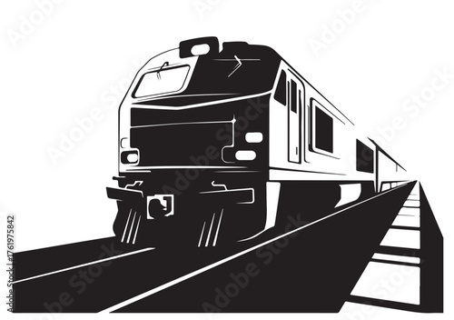 Black and white illustration of a modern diesel locomotive train traveling on tracks.