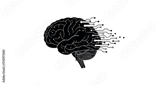 Abstract illustration of a black brain with digital circuits flowing out, symbolizing data transfer and artificial intelligence.