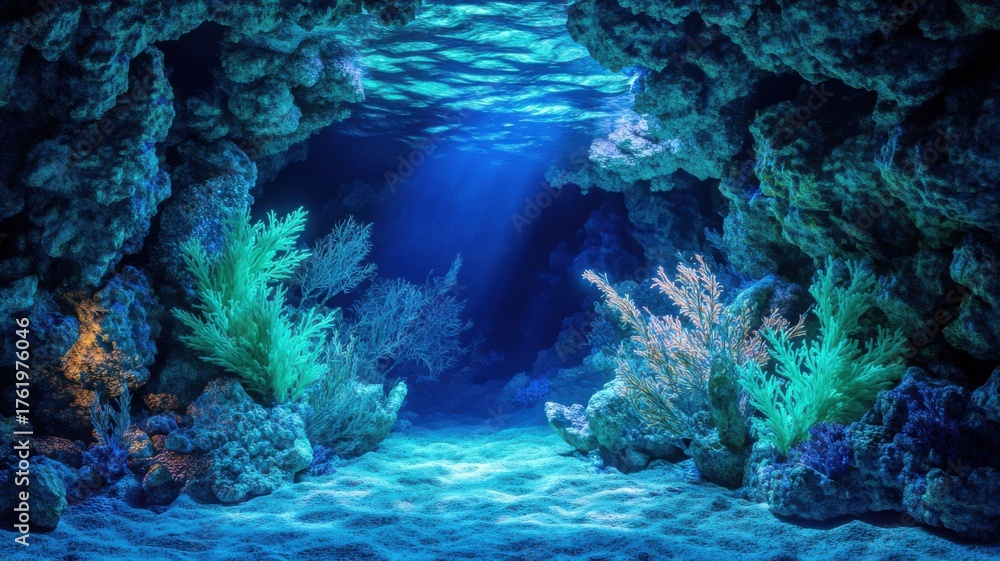 Naklejka premium Fantasy underwater cave with glowing bioluminescent corals and crystal formations