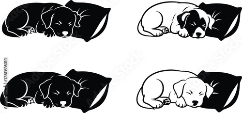Cute sleeping puppy dog silhouette illustration with pillow, adorable pet animal vector design for nursery art, logo, and decoration