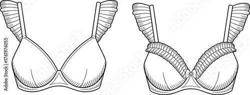 Fashion Lingerie Bra Variations with Ruffled Strap Detailing and Decorative Cup Design Vector Illustration Front View