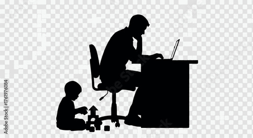 Silhouette of a father working on a laptop while child plays nearby, representing work-life balance.