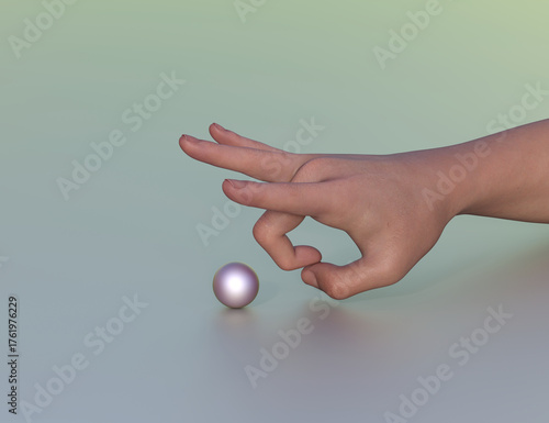 Human hand above the plane is ready to abruptly push a metal ball with the fingernail of the tensed and released middle finger. 3d rendering, no AI used