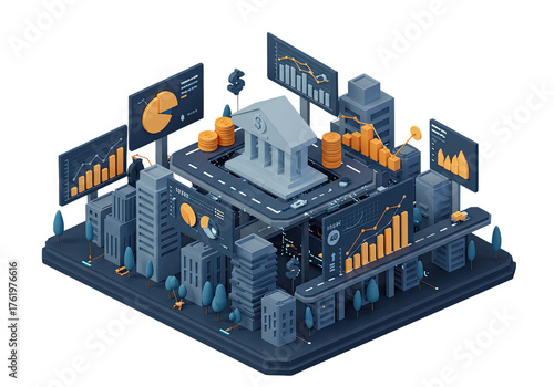 Isometric city illustrating financial technology. Central bank, urban infrastructure, and data screens visualize digital banking, business analytics, and economic insights
