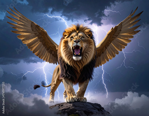 A majestic hybrid creature combining a lion with bat wings and a phoenix tail, rendered in ultra-detailed fantasy digital art style