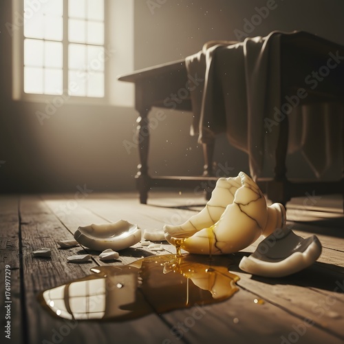 A broken alabaster vessel lies on its side on a cracked stone floor
