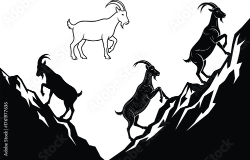 Mountain goats climbing steep rocky hills vector illustration set showing wild animals in nature, perfect for adventure, wildlife, and outdoor designs