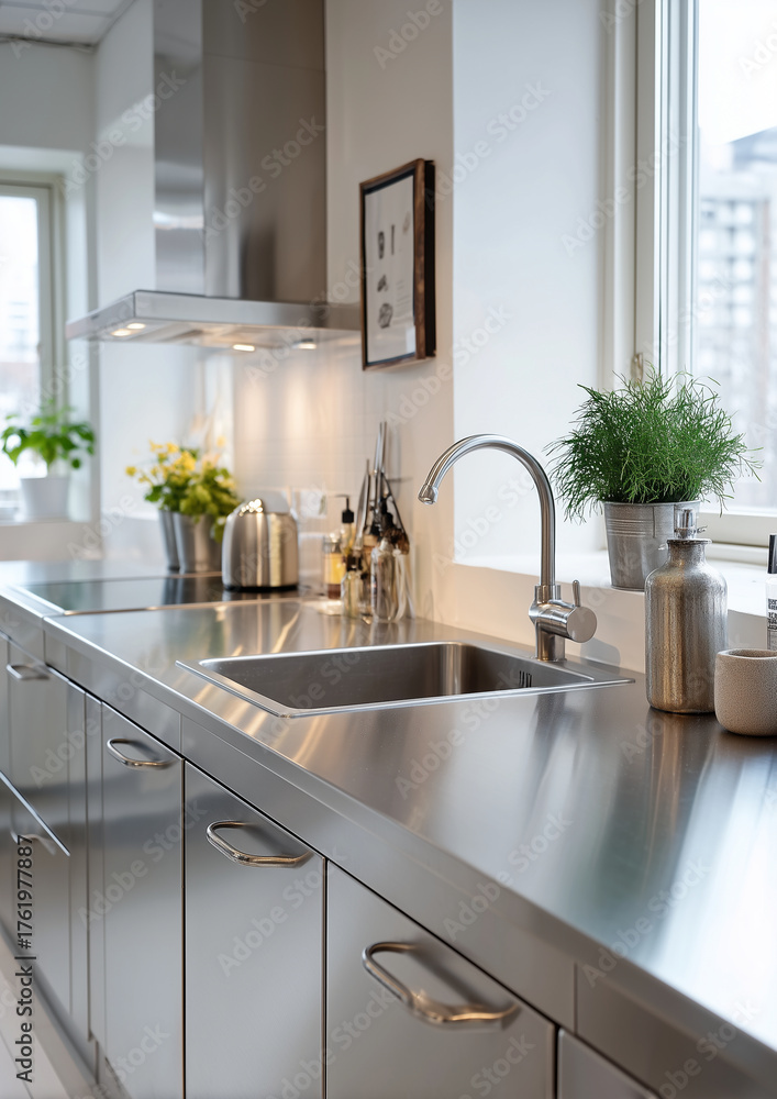 Fototapeta premium Simple minimalistic clean aesthetic stainless steel kitchen