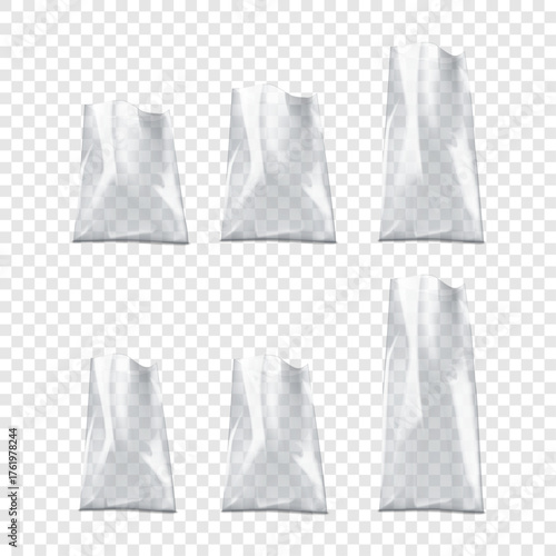 Clear glossy plastic poly bag. Realistic vector mockup set. Blank empty cellophane pouch packet. 3d mock-up kit. Open transparent package. Template for design