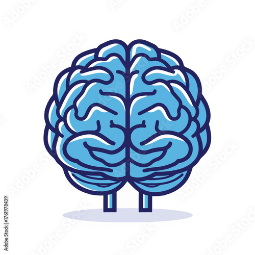 Stylized blue human brain illustration with detailed lobes and hemispheres isolated on white background