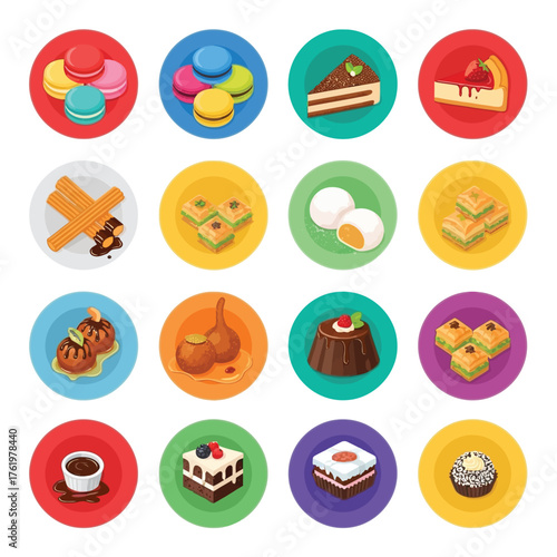 A colorful collection of sixteen vector icons featuring various international desserts and sweets on circular plates.