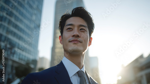 男性がビジネス街の朝に未来を見上げるポートレート、自然光で清潔感を表現
