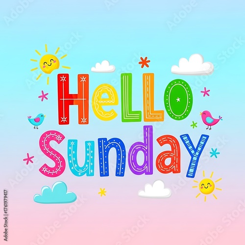 Cheerful Hello Sunday Illustration with Birds and Suns on Gradient Background.