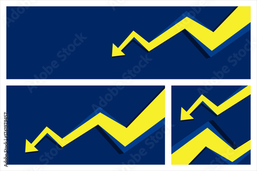 a yellow zigzag arrow pointing downward on a dark blue background, symbolizing a price drop, financial decline, or market downturn concept