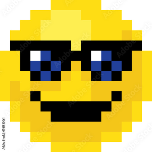 Cool pixel art emoji emoticon with sunglasses and a confident grin. Retro 8 bit digital icon full of attitude and style, perfect for nostalgic chats, sticker packs, or classic gaming themed artwork.