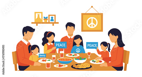 Family Gathering Around Table Sharing Meal Promoting Peace and Harmony