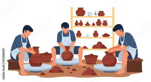 Artisans Skillfully Crafting Clay Pots on Pottery Wheels