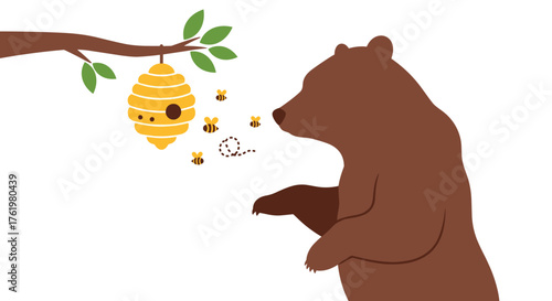 A Curious Brown Bear Approaches a Buzzing Beehive Hanging From a Tree Branch