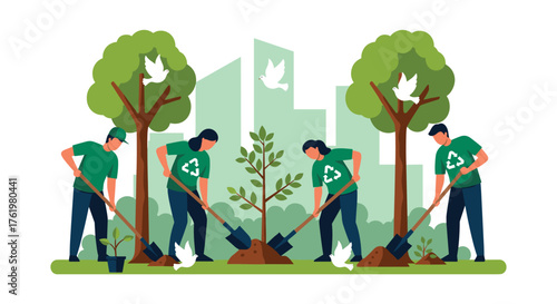 People Planting Trees in a City to Improve the Environment