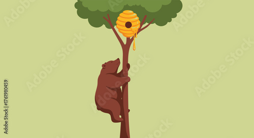 Brown bear climbing a tree to reach a beehive full of honey