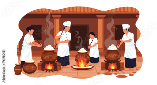 Community gathering cooks traditional rice dish during a cultural festival celebration