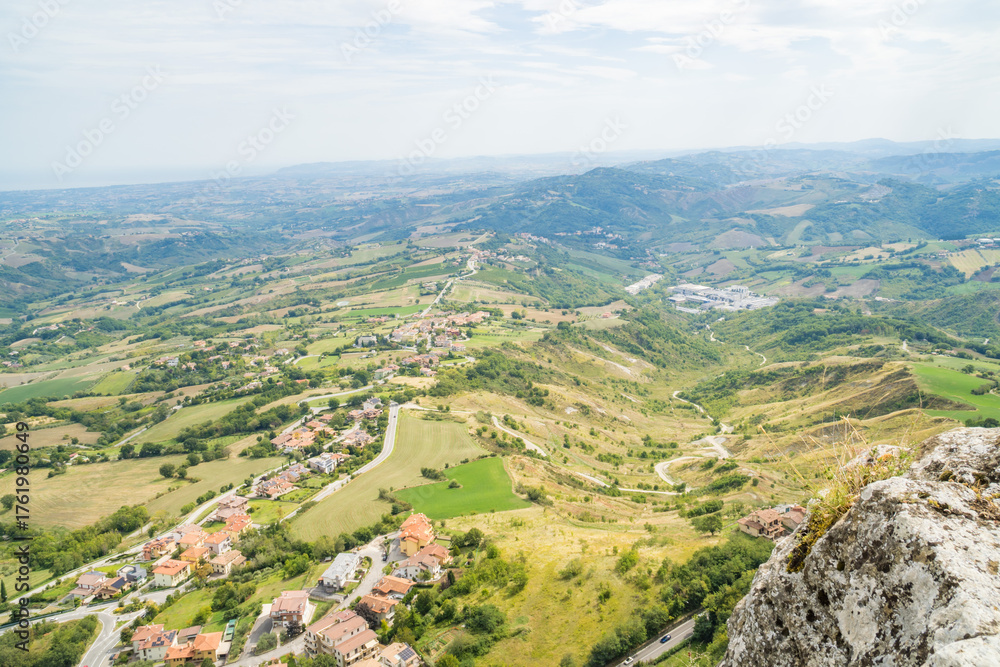 Fototapeta premium San Marino- Italy- 9 september 2025: view from the top San Marino and Mountains