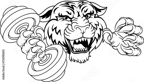 A tiger weight lifting gym animal sports mascot holding a dumbbell weight in his claw