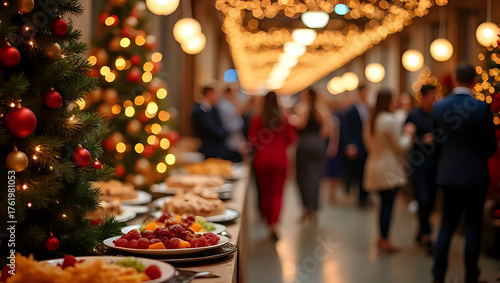 Christmas buffet table, food, glowing decorated trees, office holiday party, people, festive lights - business, meeting, seminar, conference, gathering, catering, corporate social event, networking