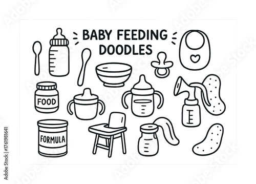 Baby feeding essentials doodle: bottles, bowls, and high chair illustrated in black and white