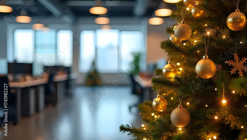 A glowing decorated christmas tree, golden ornaments, empty modern office interior, lights - Christmas celebration, corporate event, holiday party, festive workplace, business