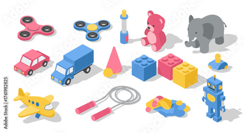 Colorful isometric toys collection with cars, animals, and robots for kids
