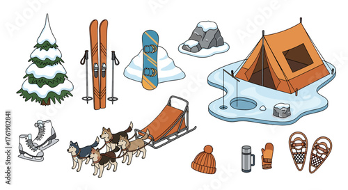 Winter adventure gear and activities: camping, skiing, snowboarding, and dog sledding