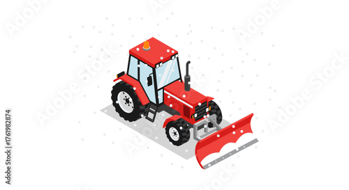 Isometric red snow plow tractor clearing path in winter scene