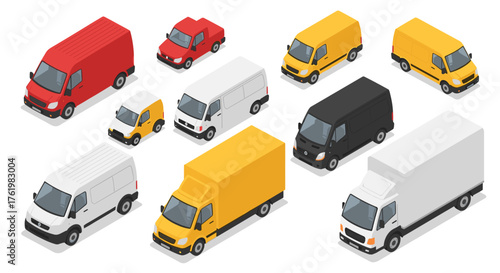 Isometric delivery vans and trucks in diverse colors and sizes
