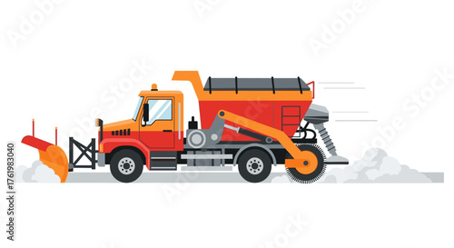 Bright flat design snow plow truck on winter road with orange and red accents